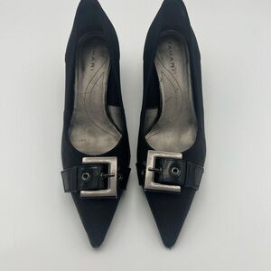 Tahari Black Pointed-Toe Heels with Silver Buckle